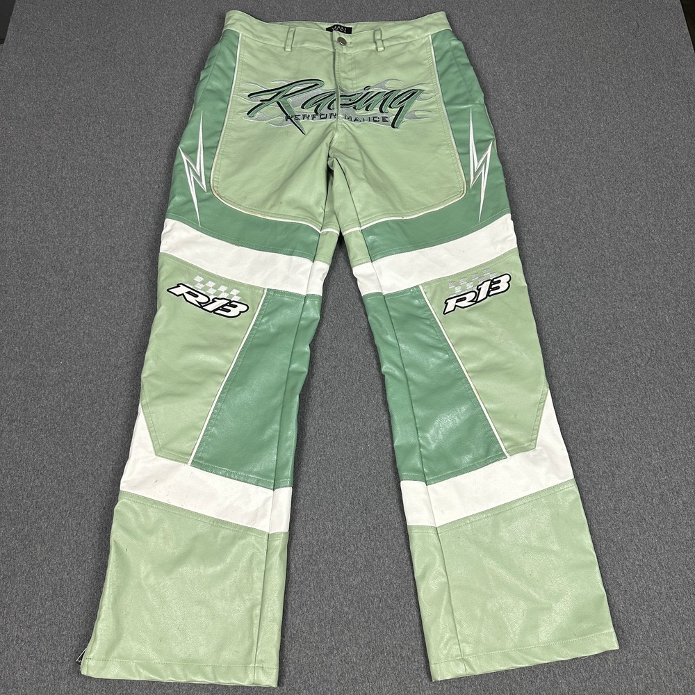 boohooMAN Racing Faux Leather Moto Pants Green White RB Flared Zip Cuff US 30